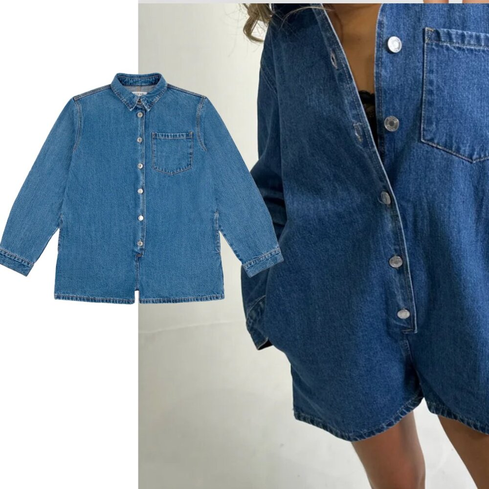 Denim Button-Front Romper - Blue - Picture 3 of 3
